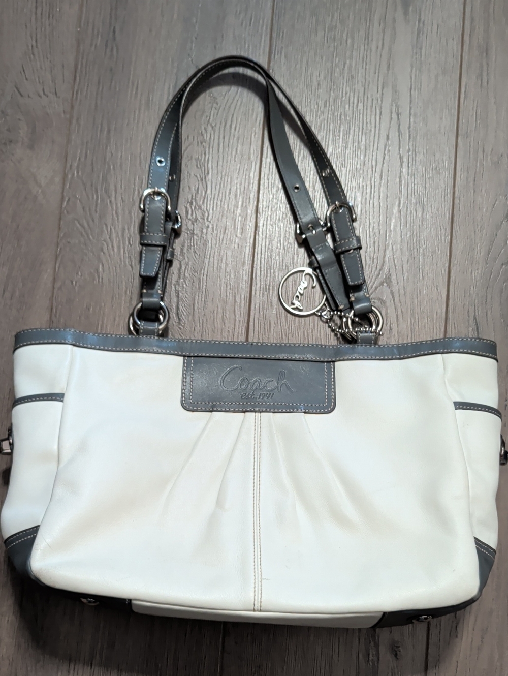Coach Gallery Pleated East West Leather Tote Off White/Grey